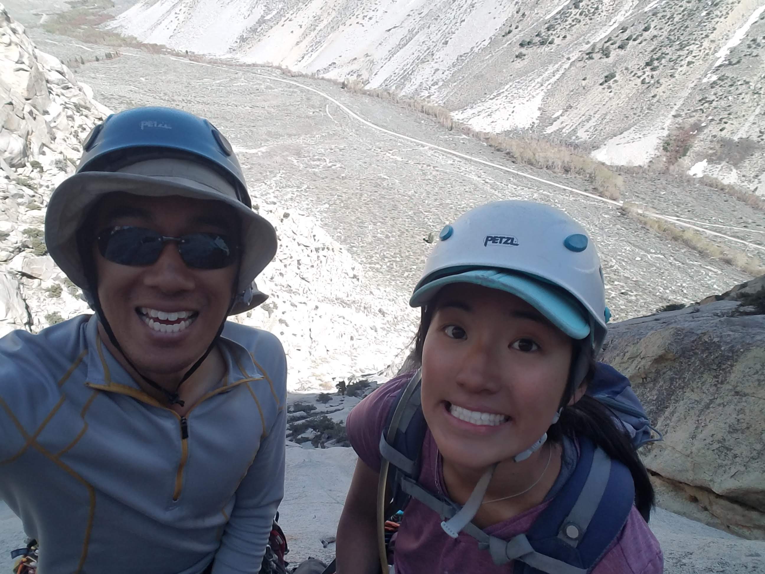 We climbed a multipitch climb called Chips Off the Old Block in the Pine Creek Area. Every pitch was fantastic, demanding at various points slab, crack, chimney, and offwidth skills. This is us after topping out.