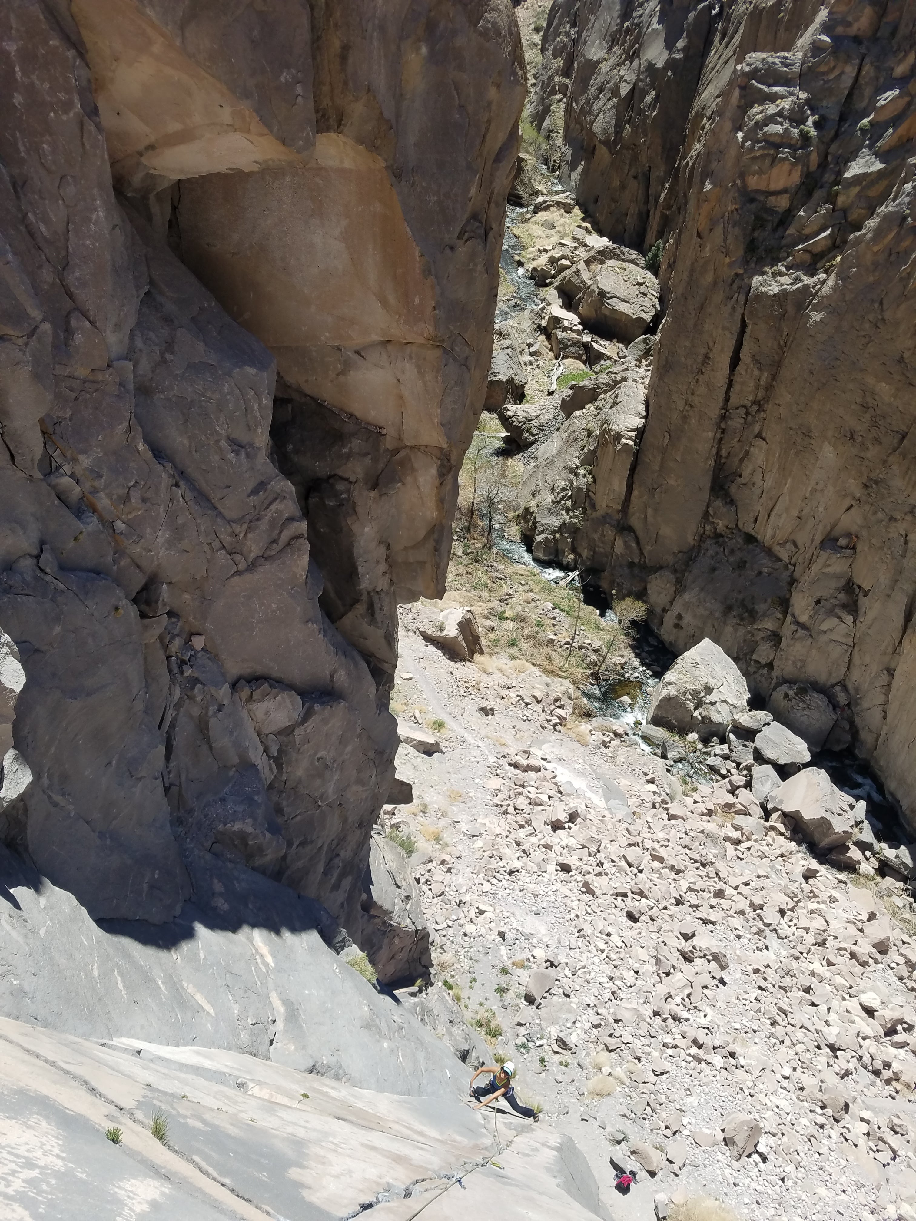 We climbed a climb called Slip and Slide in Owens River Gorge. Half slab, half crack, all fun. This is a picture of me that Geoff took from the top looking down as I follow him up the climb.