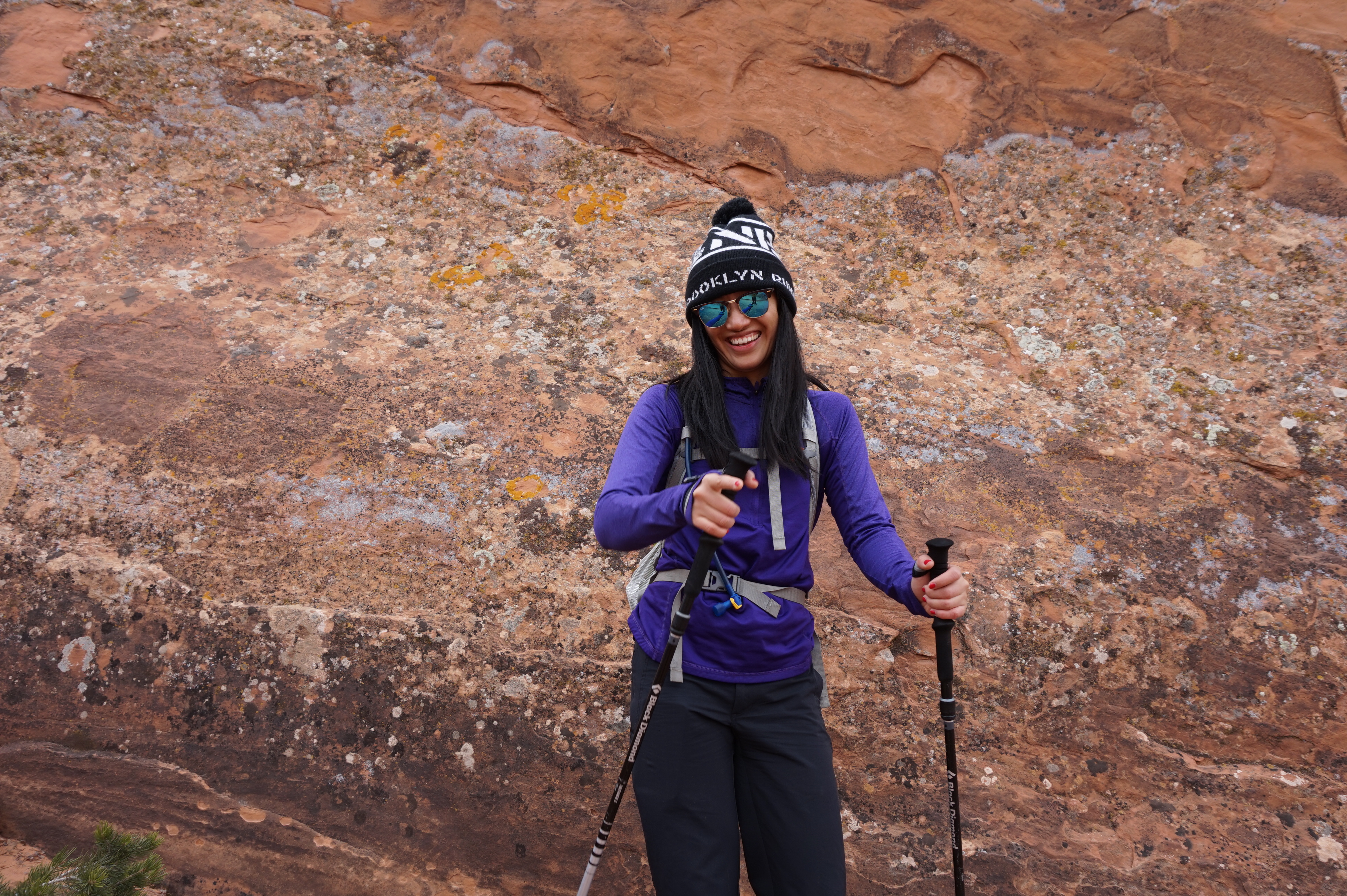 A cool lichen wall that Geoff told me to pose in front of. This was on the Devils Garden Trail.