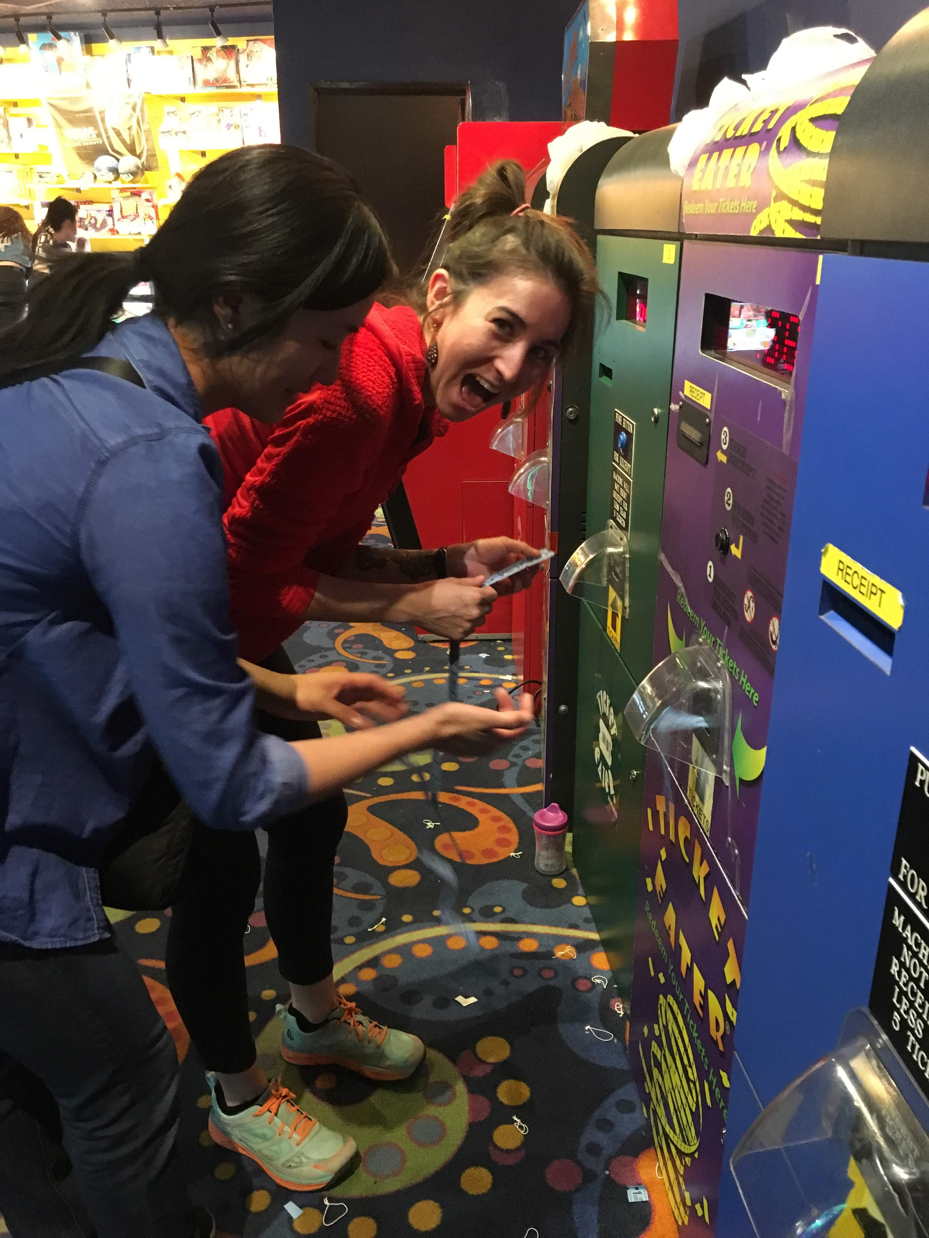 Jess and I are 'cashing' out our oodles of tickets in exchange for... Swedish Fish and Warheads. We totally won big in this casino.