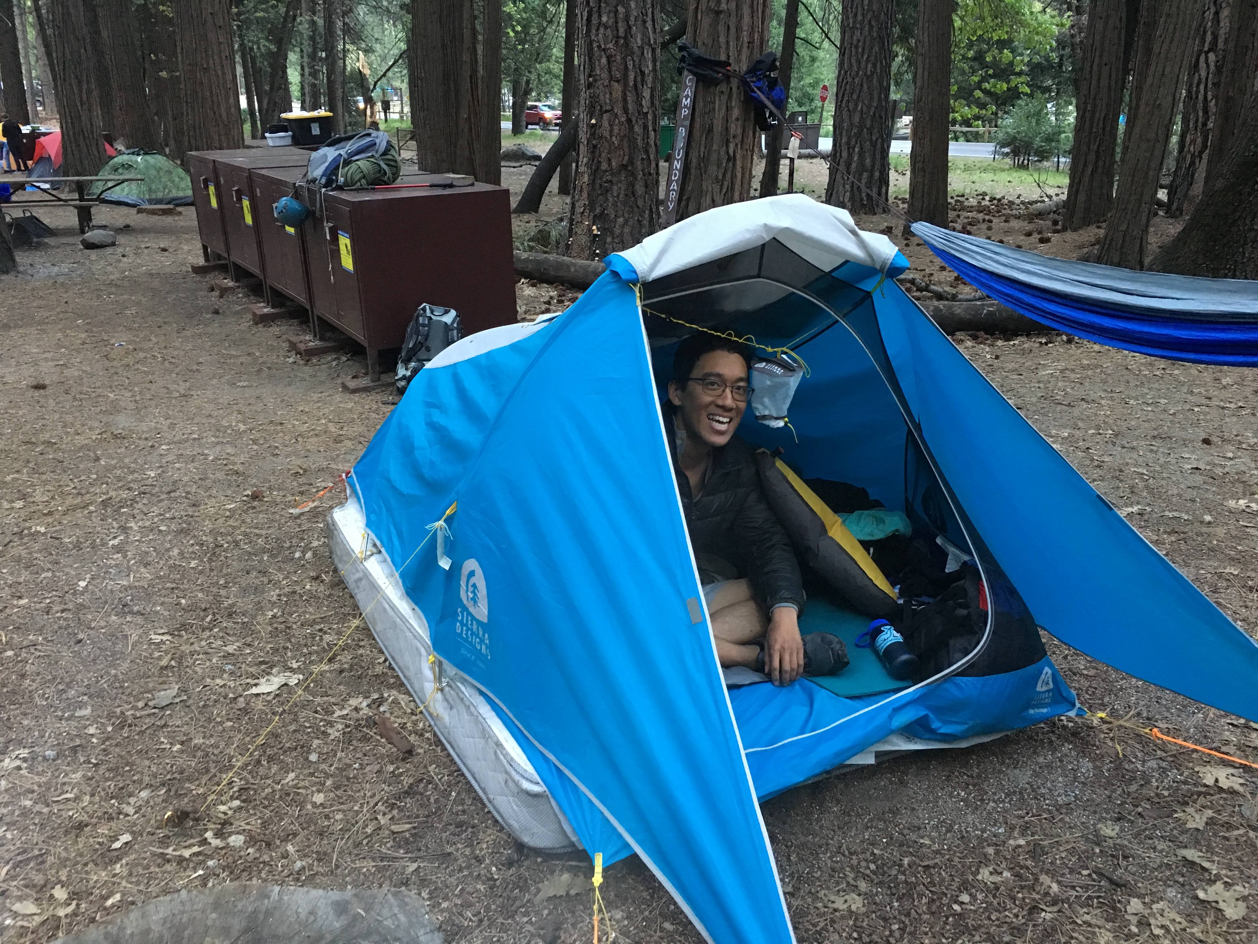 In the ultimate dirtbag move, we dragged a mattress we found by the dumpster and put it under our tent. We slept like kings for a couple nights.