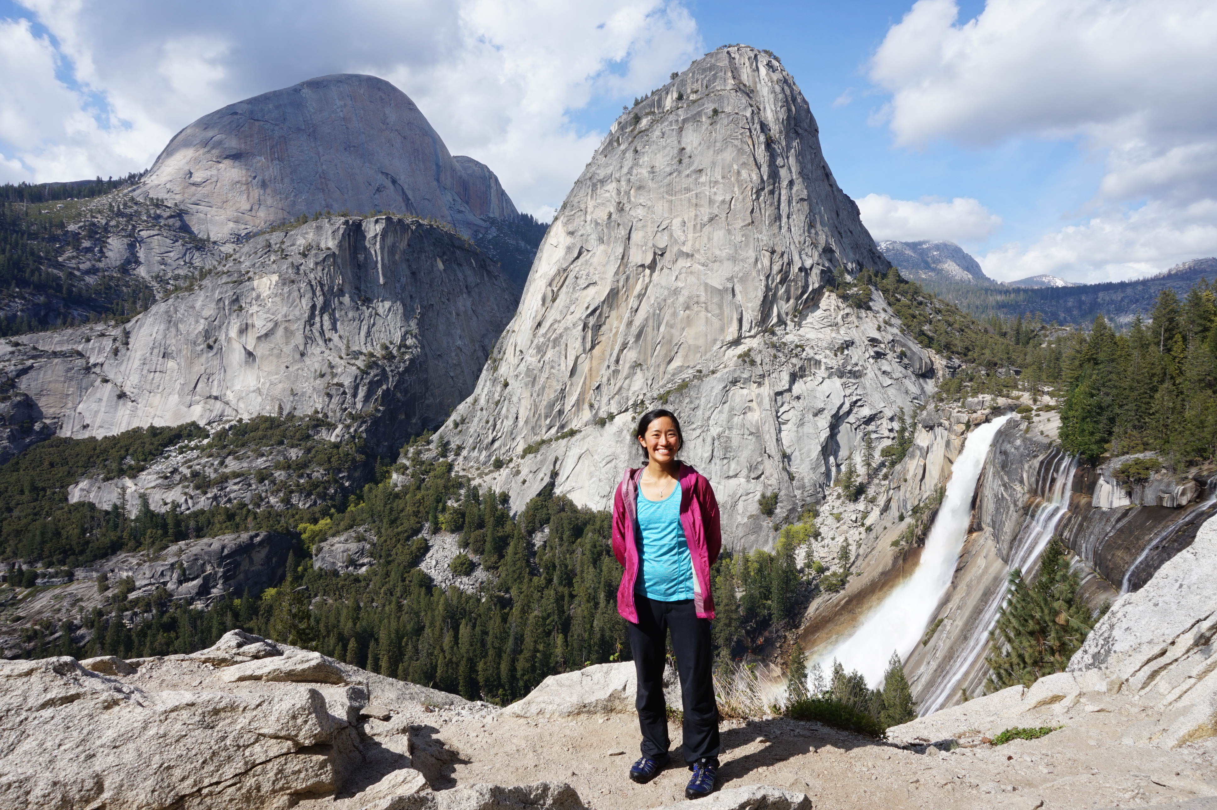 Further up the trail is the Nevada Fall. In the background is Liberty Cap and the backside of Half Dome. I opted to take the John Muir Trail instead of the Mist Trail back to Happy Isles, hoping it would be less wet. It was not.