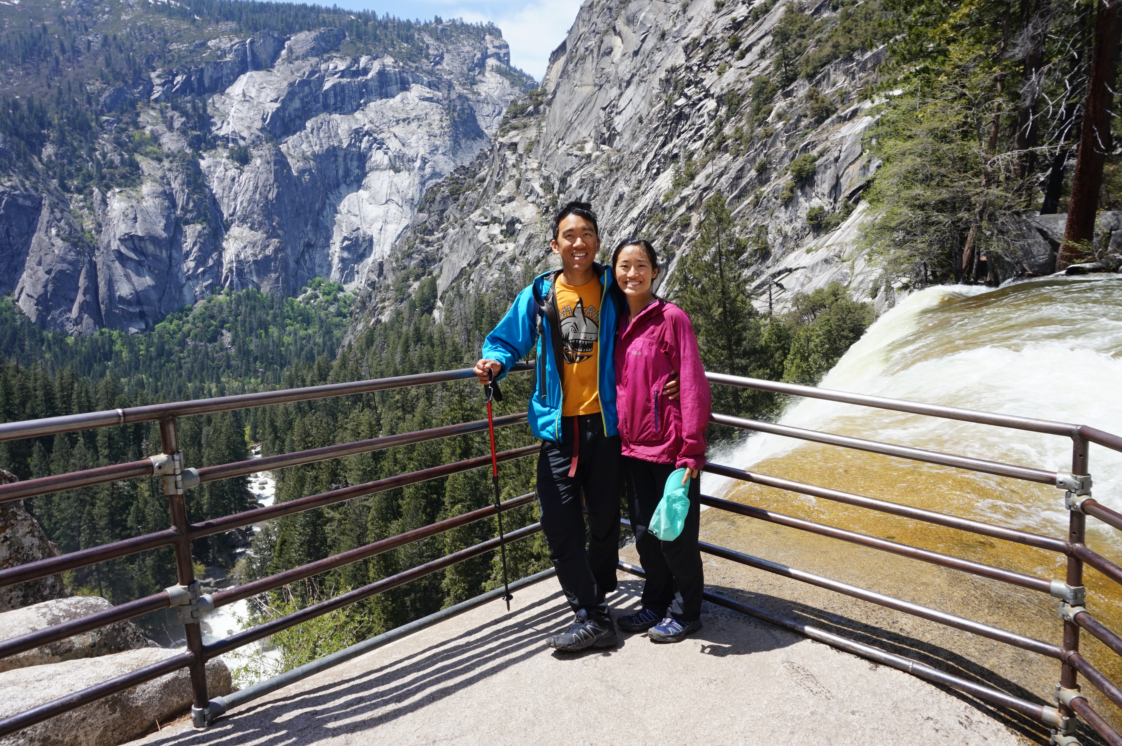 There are two more waterfalls behind Happy Isles and Half Dome. This is us at the top of Vernal Fall. We hiked the very, very wet and aptly named Mist Trail to get to this point.