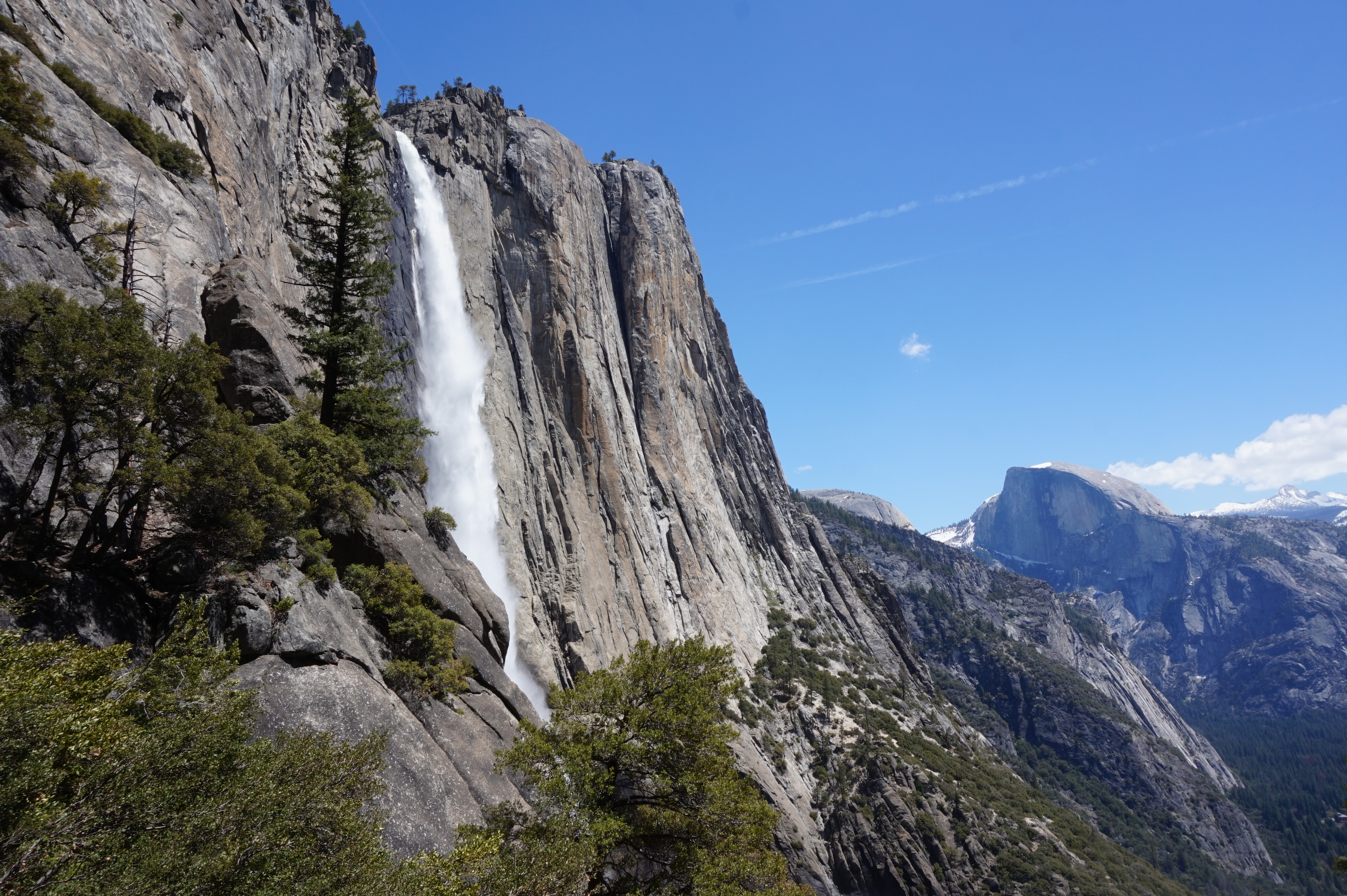 Yosemite Falls is the seventh longest waterfall in the world. When we arrived in Yosemite, all the waterfalls were going at full force. Our tow truck driver told us this is the best they've been in the last 8 years (Wait, what tow truck driver, you ask? Keep reading). It was amazing to just look around and count the numerous waterfalls cascading off cliffs and casting misty rainbows over the valley.